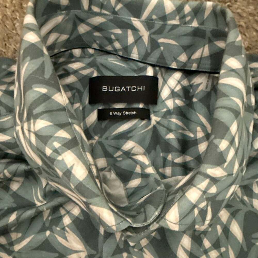 Bugatchi 8 Way Stretch Green Leaf Print Long Sleeve Button-Up Shirt M